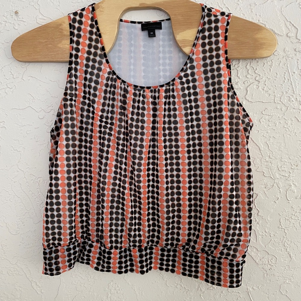 Worthington Mod Retro Tank Womens 2X Orange Black Polka Dot Pleated Scoop Neck‎